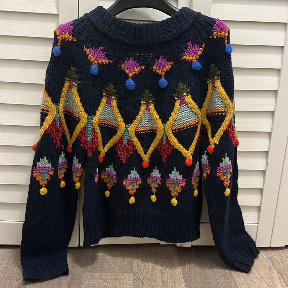 Zara Navy Sweater with Yellow, Red, Purple and Blue Accents